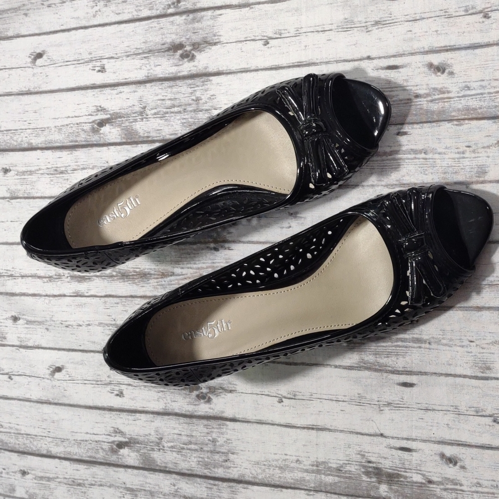 East 5th Black Peep Toe Wedges